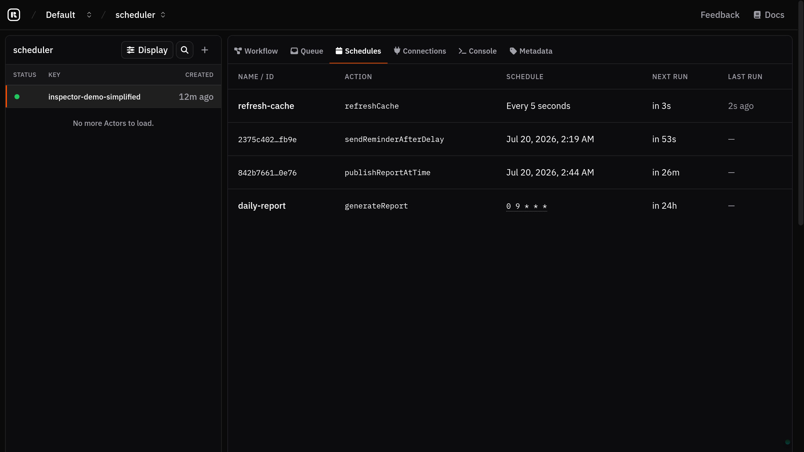 Rivet dashboard showing one-off and recurring actor schedules