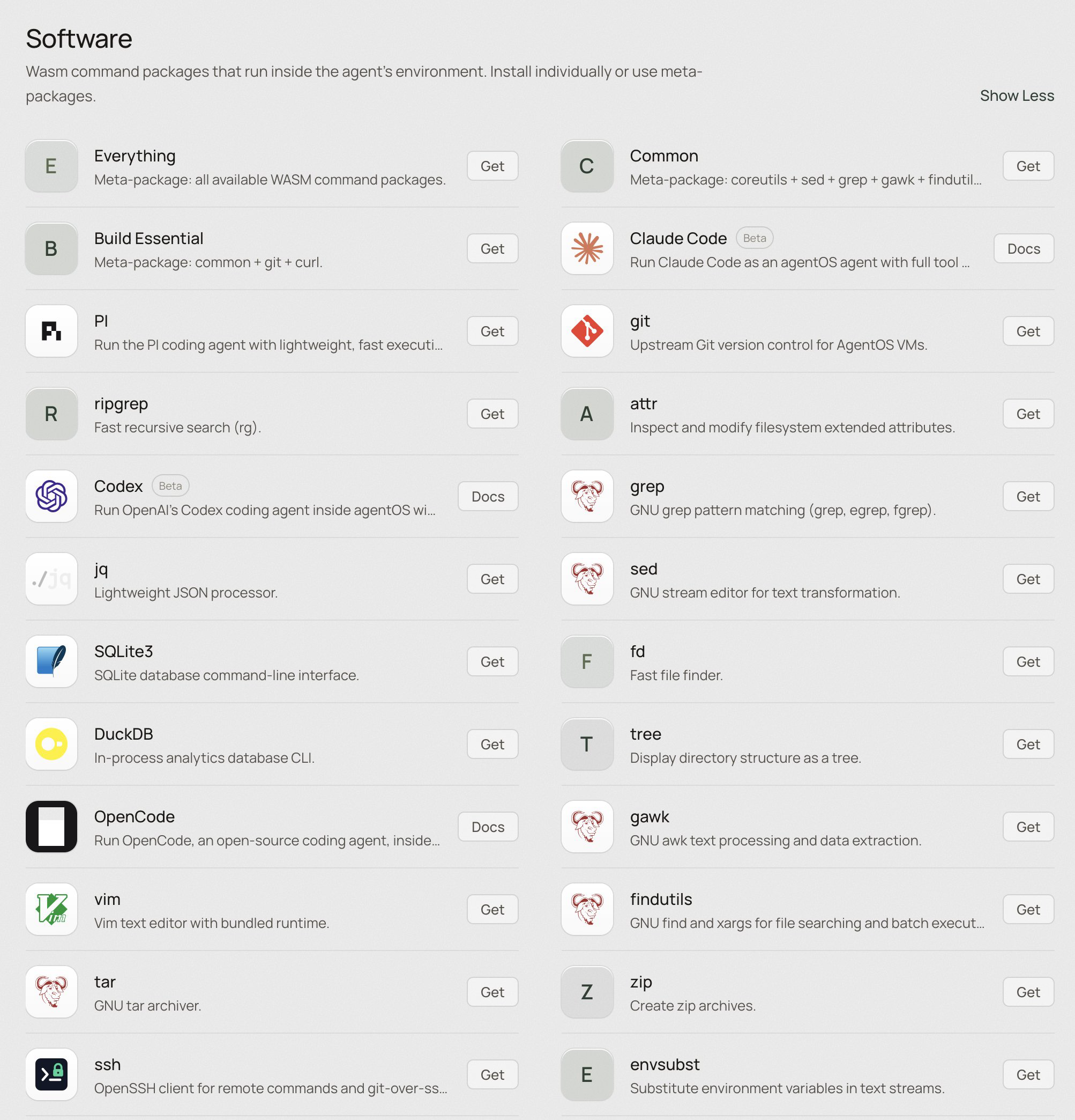The agentOS software registry listing WASM command packages including Claude Code, Codex, OpenCode, Pi, git, ripgrep, SQLite3, DuckDB, vim, and the GNU coreutils