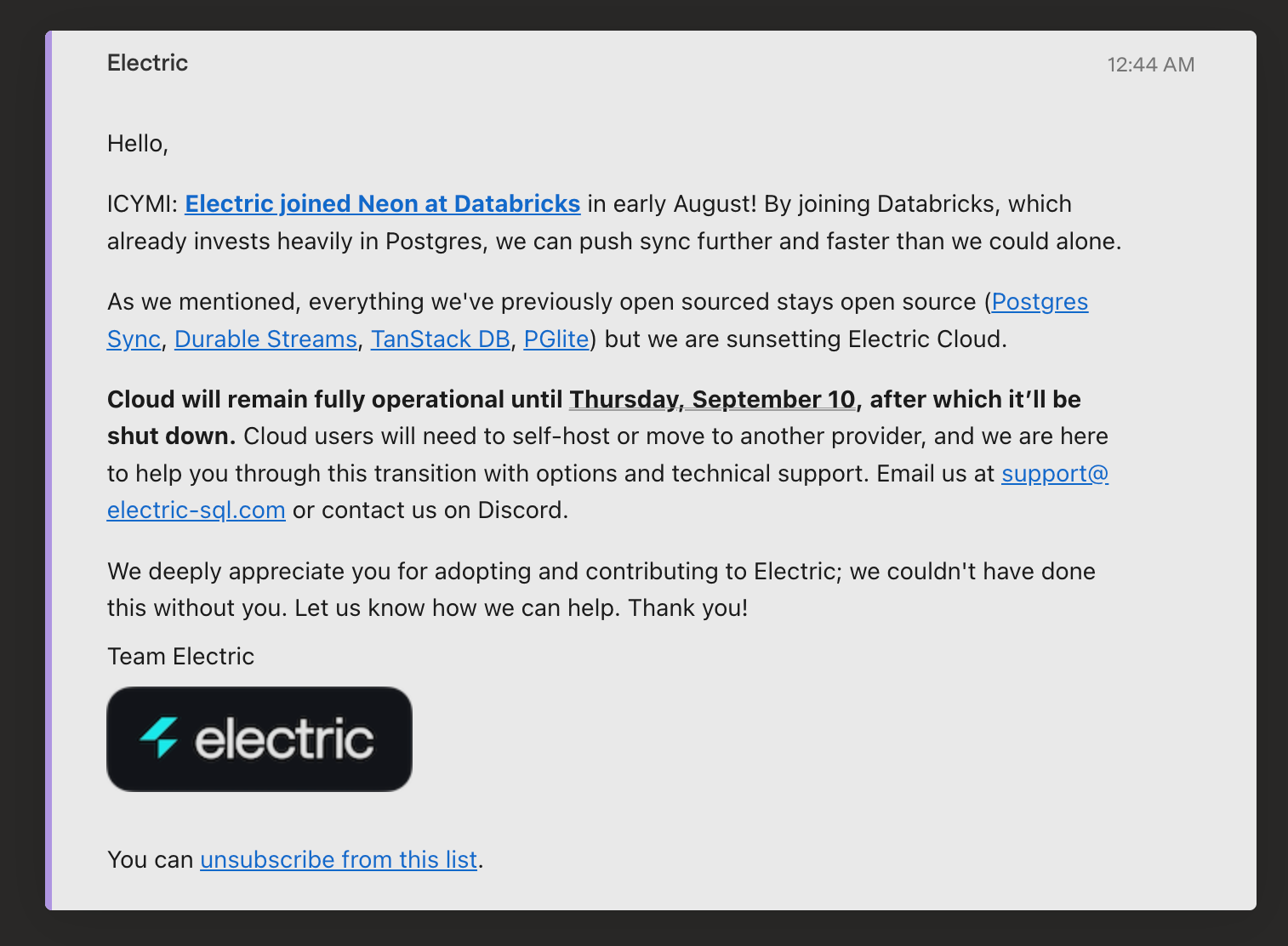 Electric Cloud shutdown email