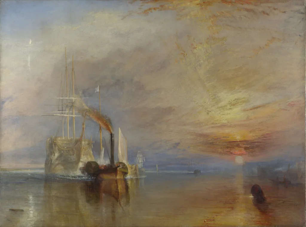 J. M. W. Turner’s The Fighting Temeraire, showing a steam tug towing a sailing ship at sunset