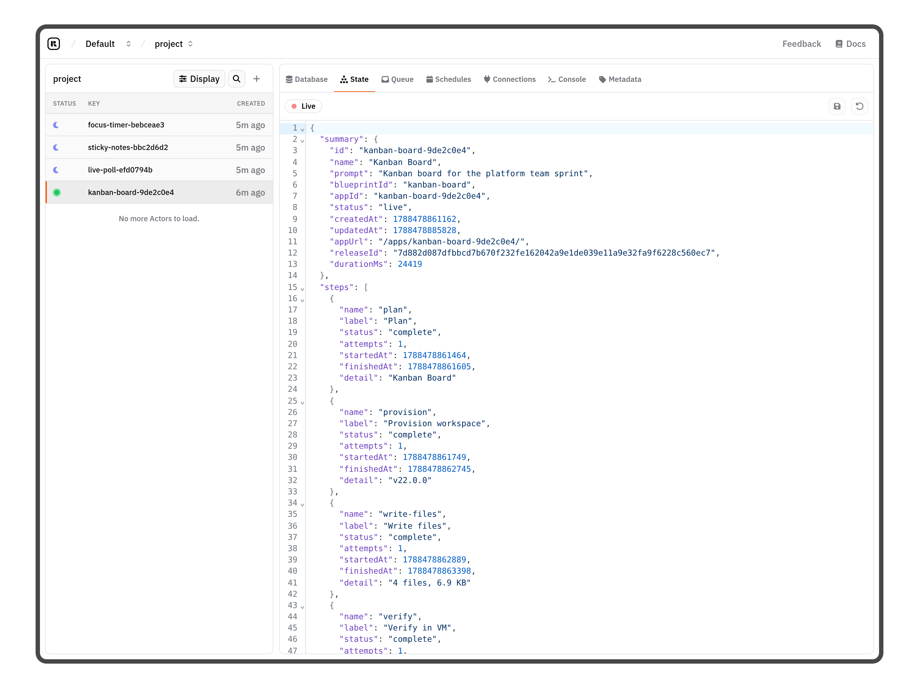Rivet dashboard inspecting a project Actor built by an agent: live state with the build summary and each pipeline step's status, attempts, and timing