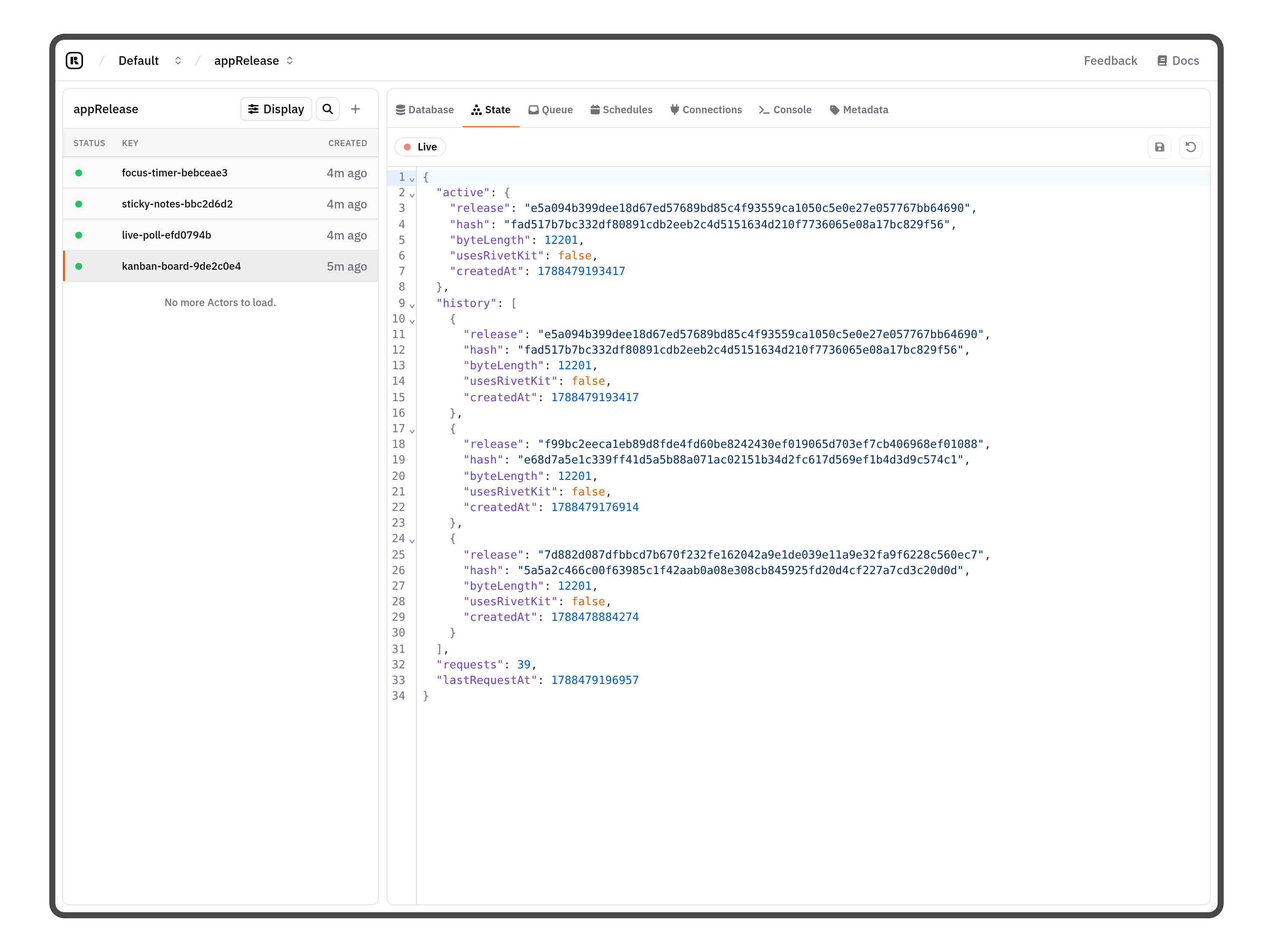 Rivet dashboard inspecting an app release Actor: the active release, its publish history with content hashes, and the request counter