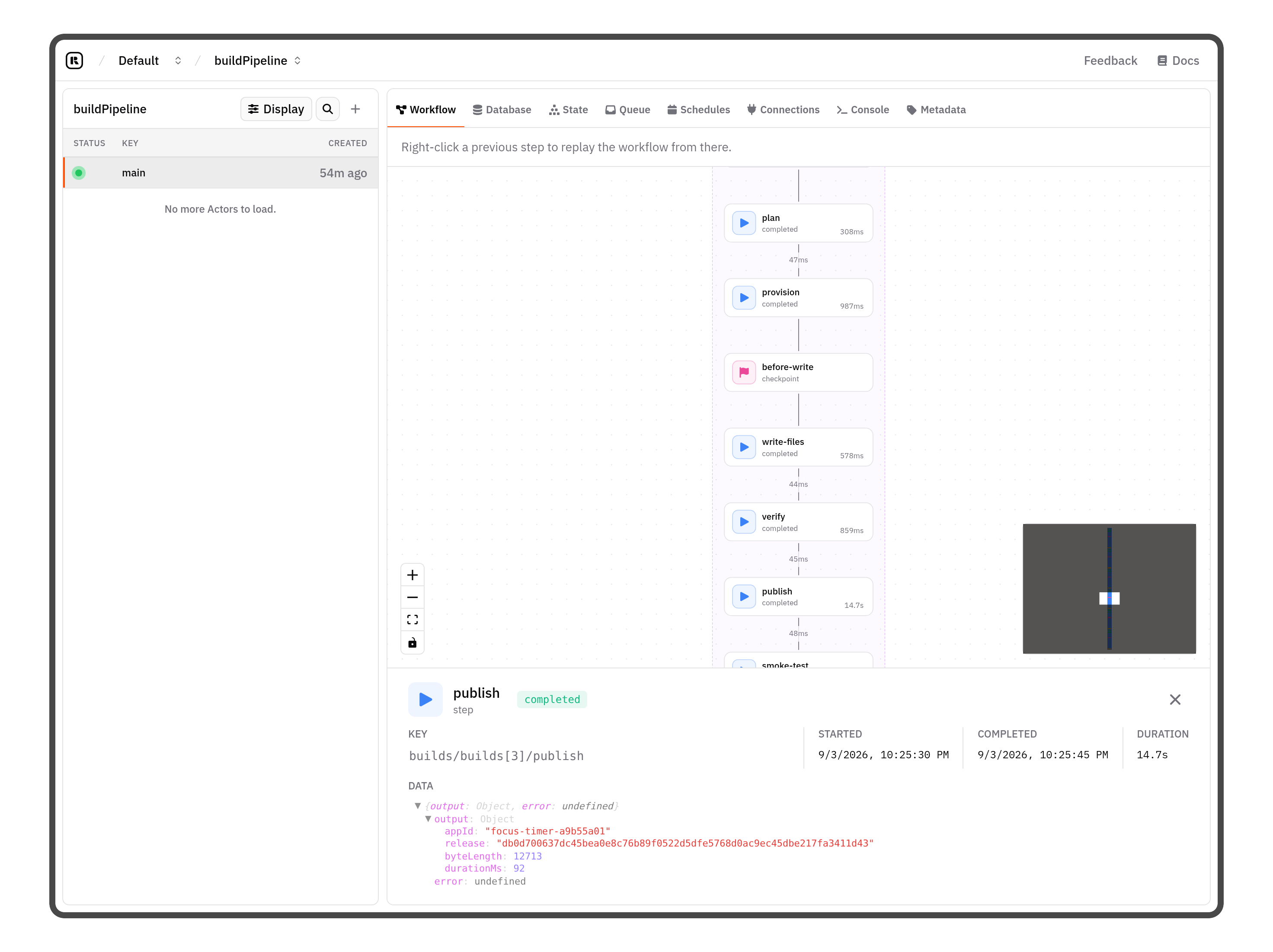 Rivet workflow inspector showing a build pipeline run: plan, provision, checkpoint, write, verify, publish, and smoke-test steps with durations, and the publish step's recorded output